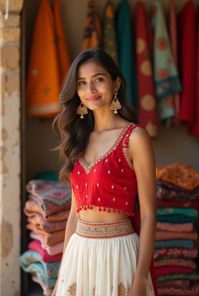 The image shows a young woman standing in a boutique. She is dressed in a vibrant red sleeveless kurti paired with a white lehenga adorned with intricate embroidery. The kurti has subtle sequin detailing, and the straps feature small fabric tassels that add a playful touch. She is wearing large, statement earrings that complement her outfit. Her hair is styled in loose waves, and she has a gentle smile on her face, exuding confidence and grace. The boutique in the background has neatly stacked colorful fabrics, and the overall ambiance suggests a warm, inviting space filled with traditional and contemporary attire. The lighting in the shop highlights the details of her outfit, making her the focal point of the scene.