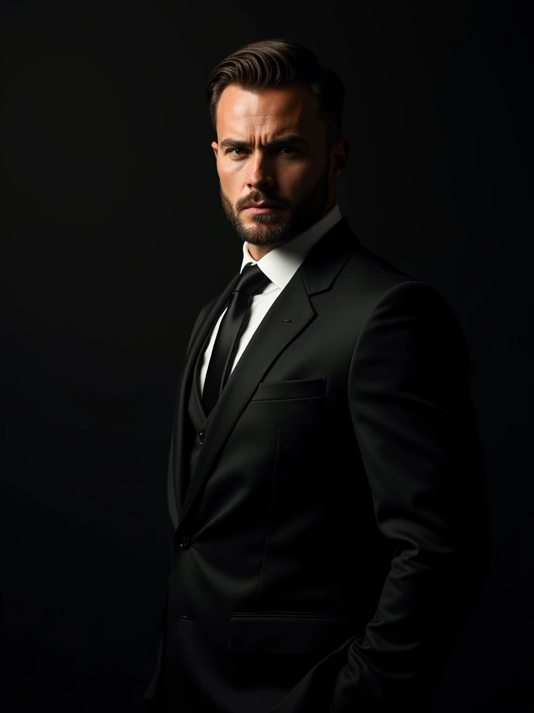 a portrait of a man in black suit