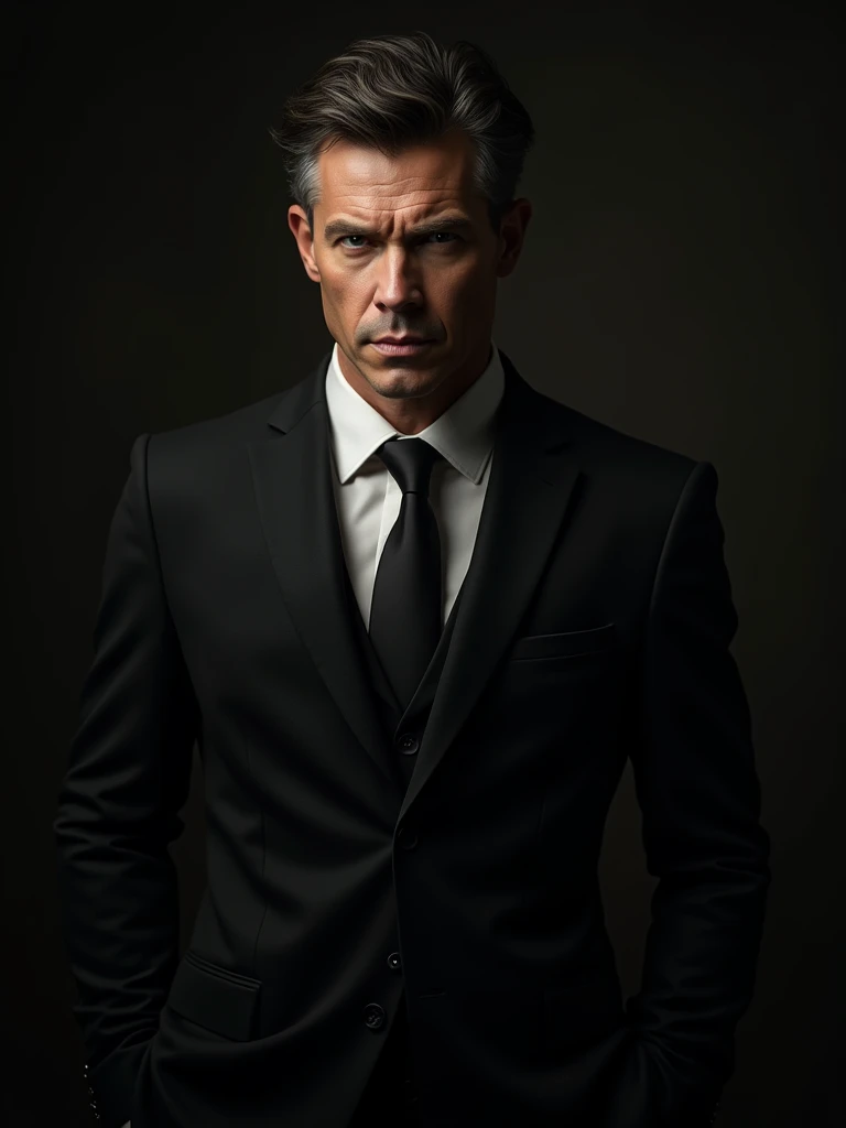 a portrait of a man in black suit