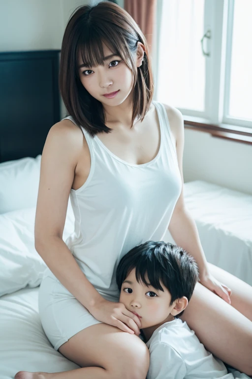 An Asian woman wearing a white tank top sits on a bed.，There is a  beside you，a child sits on his mother's lap，In a cozy bedroom,  A mother in a very short skirt with her son, 1 boy, 