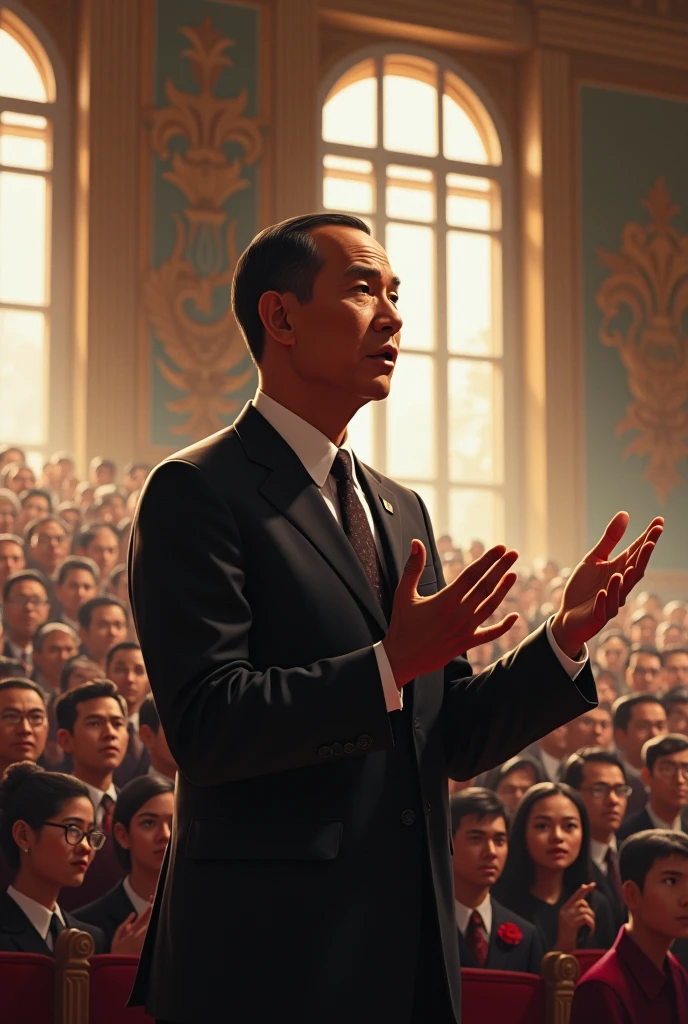 Soekarno, the first president of Indonesia, is giving a speech