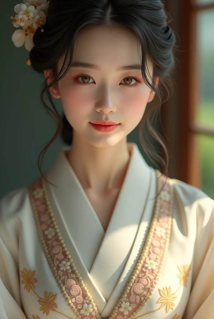 An elegantly dressed Japanese woman in natural light、A close-up of her chest and calm expression.、It shows her inner peace and outer charm.。