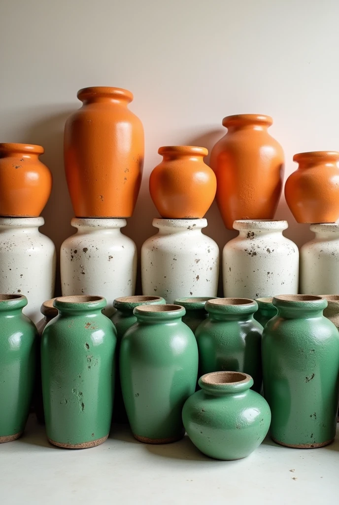 Concrete handmade jars arranged like Indian flag tri color for independence day
