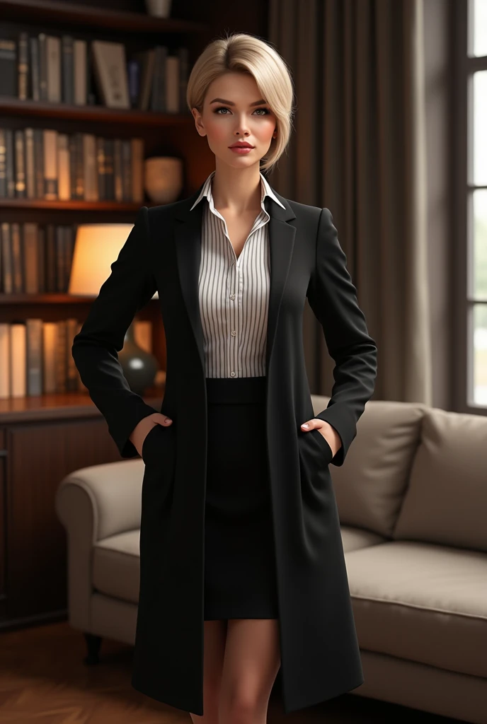 A middle-aged woman, wearing a black coat, a white striped blouse and a long skirt, dressed professionally and correctly, standing in a living room with bookshelves and a sofa in the background. short blonde haire. She has an hourglass figure, massive breasts. ,Wide hips (implants), Prominent buttocks (implants),