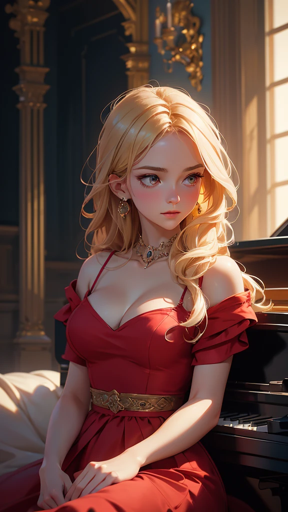 hyper realistic image of the highest quality, the perfect masterpiece, perfect work of art, 8k, a beautiful young woman in a red dress, dress with a low neckline, blonde hair, upturned nose, is playing the piano on a bright stage, realistic oil painting, detailed face, detailed hands, chiaroscuro lighting, dramatic lighting, warm color tones, muted colors, elegant, cinematic, intricate details, photorealistic, 8k, high resolution, best quality, masterpiece, annie leibovitz style photography, ilya kuvshinov style, soft light, studio light, (intricate details), majestic, aesthetic
