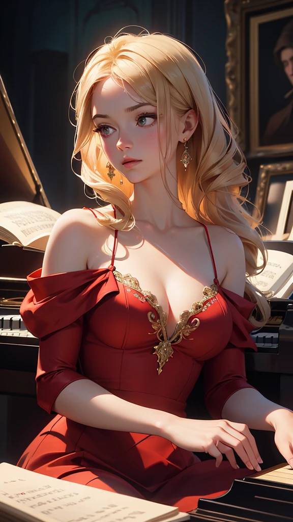 hyper realistic image of the highest quality, the perfect masterpiece, perfect work of art, 8k, a beautiful young woman in a red dress, dress with a low neckline, blonde hair, upturned nose, is playing the piano on a bright stage, realistic oil painting, detailed face, detailed hands, chiaroscuro lighting, dramatic lighting, warm color tones, muted colors, elegant, cinematic, intricate details, photorealistic, 8k, high resolution, best quality, masterpiece, annie leibovitz style photography, ilya kuvshinov style, soft light, studio light, (intricate details), majestic, aesthetic