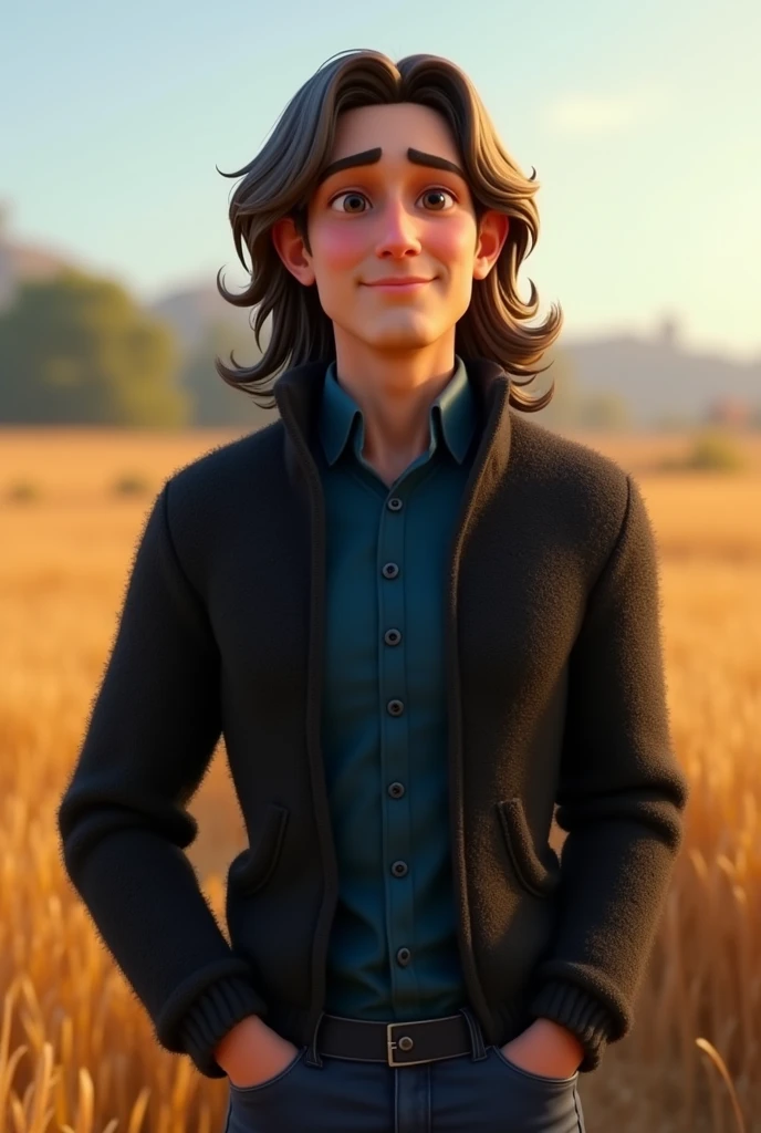 a male animated movie character in the Disney Pixar style, high qualiy, best quality , black fleece sweater blue shirt , long hair , it's beautiful in the countryside , countryside landscape
