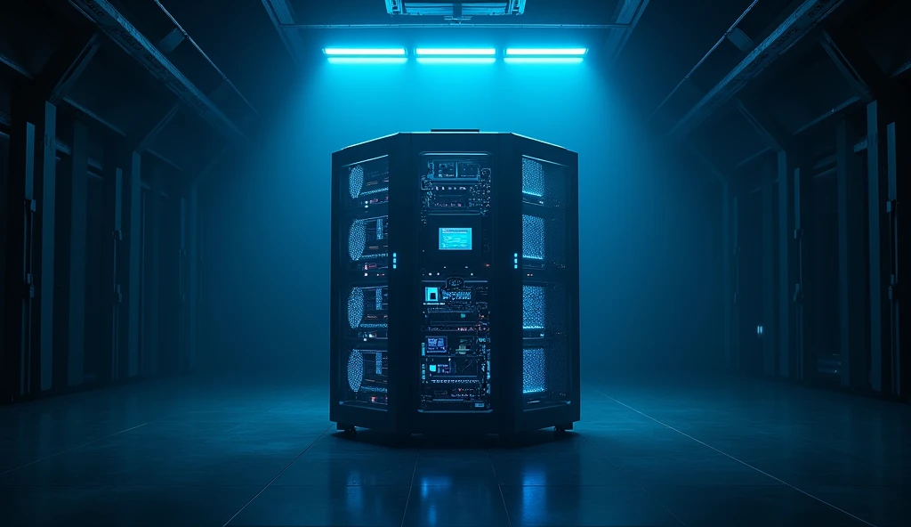 A dark room with a super computer in the center with blue details glowing blue high quality, 8K Ultra HD,