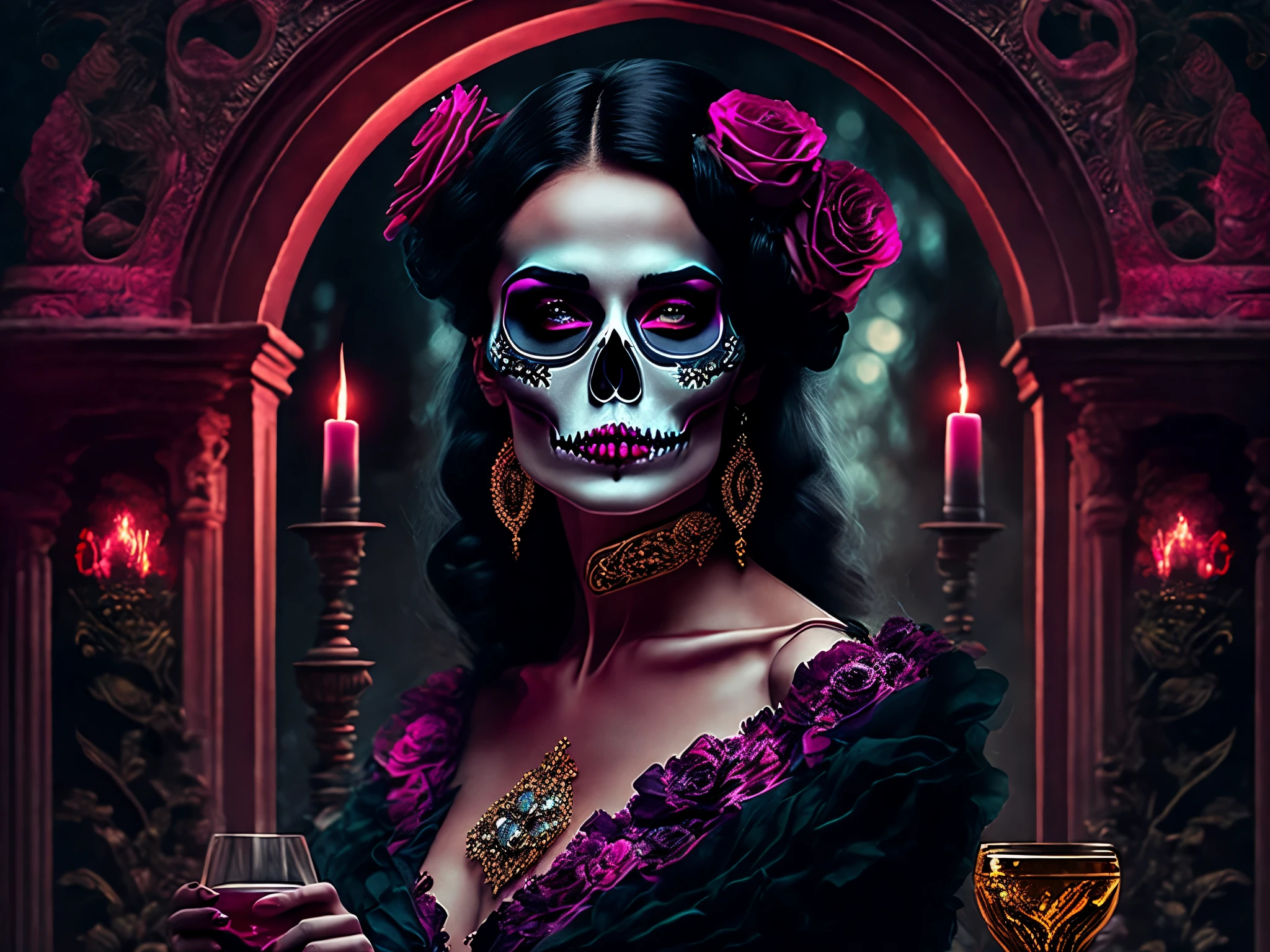 Create an elegant and mysterious cover art featuring a powerful woman in a nighttime cemetery. Her face is either half a skull and half rosy and feminine, or adorned with Mexican sugar skull makeup. She holds a glass of wine or champagne, with a cigarette or cigar between her lips. The scene should evoke a spiritual and mystical atmosphere, reflecting the seductive and strong characteristics of Pombagira Rosa Caveira. The overall style should be dark yet sophisticated, with a touch of the supernatural."