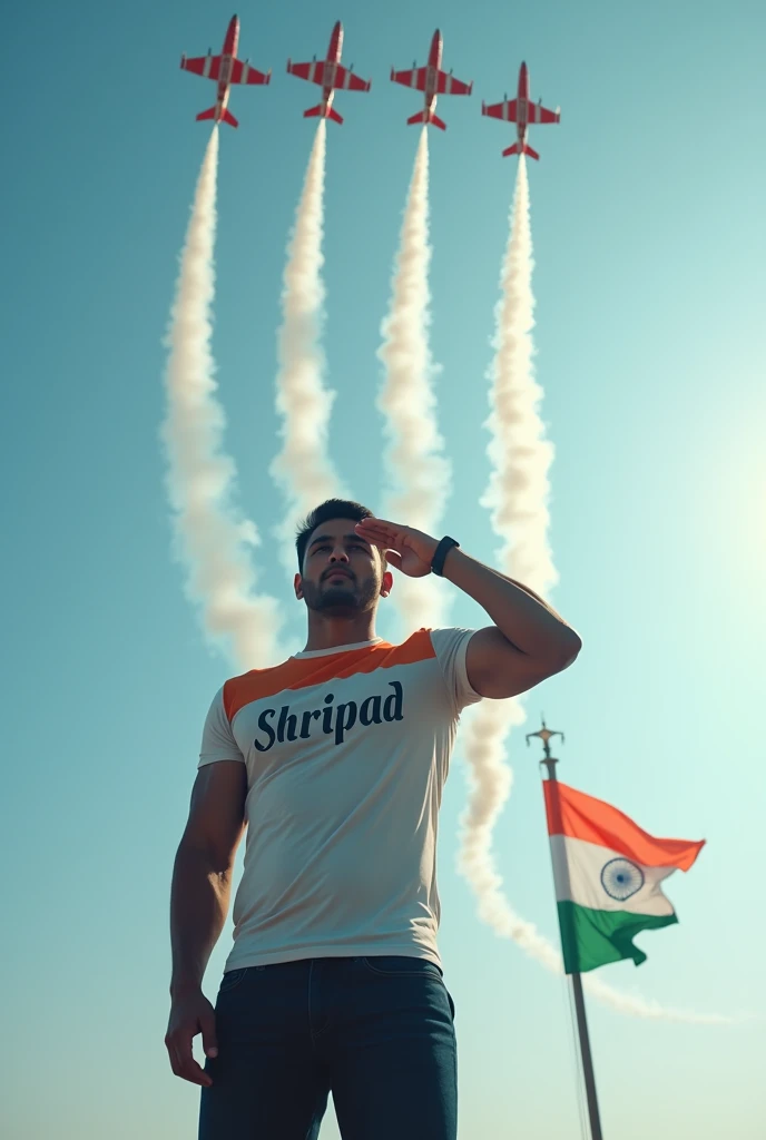 Create a photo of republic day on 15 August. A fit man saluting the Indian flag . The man wearing t shirt naming Shripad on it . And tri colour jets flying over head .