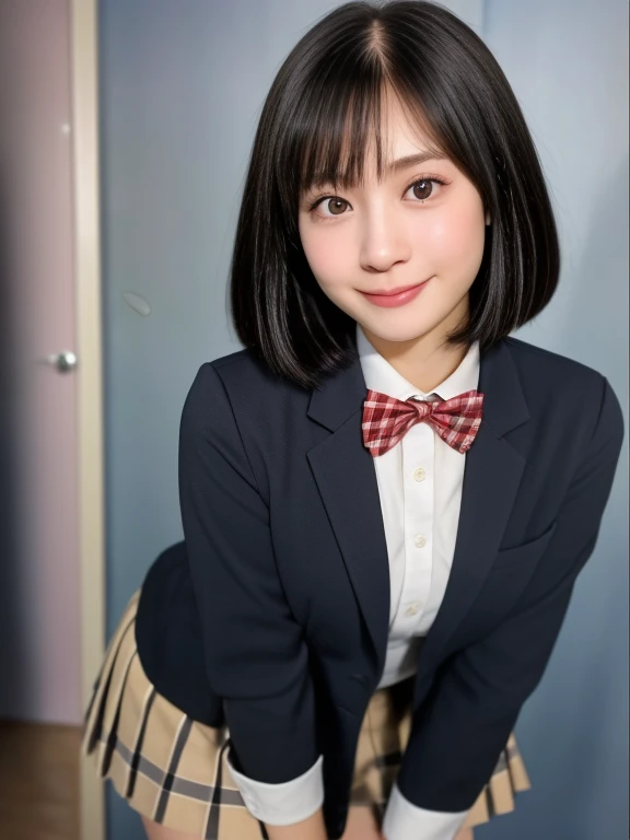 (kawaii 18 year-old Japanese girl is standing on the floor, leaning forward, reaching two hands for one's knees, Nogizaka idol, Korean idol), healthy female athlete body, (glossy black hair, short hair, pixie cut, bangs:1.3), (rounded face, pure black eyes, single eyelid, no makeup, splashing smile:1.2), (wearing Japanese school uniforms, blazer jacket, collared shirt, bow tie:1.3), extra small breasts, (plaid skirt, bare thighs visible:1.2), BREAK, (simple grey background:1.3), (dynamic angle, cowboy shot, thigh focus:1.2), BREAK, (masterpiece, best quality, photo realistic, official art:1.4), (UHD, 8K quality wallpaper, high resolution, raw photo, golden ratio:1.3), (shiny skin), professional lighting, physically based rendering, award winning, (highly detailed skin, extremely detailed face and eyes, anatomically correct body), Carl Zeiss 85 mm F/1.4, depth of field, 1girl, solo,