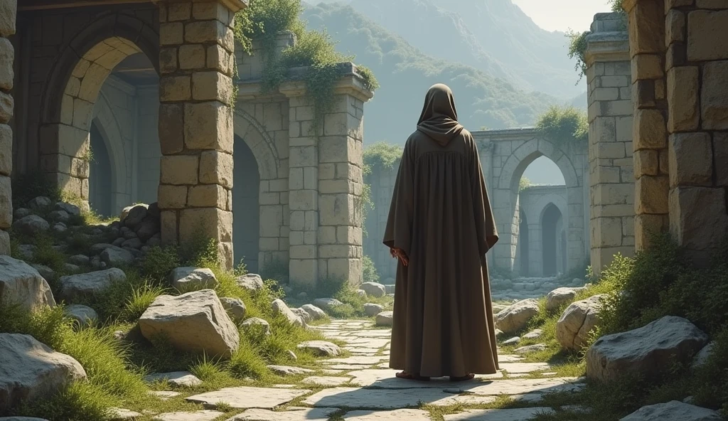 In 1500BC a monk watching old buildings he is setting upon a stone