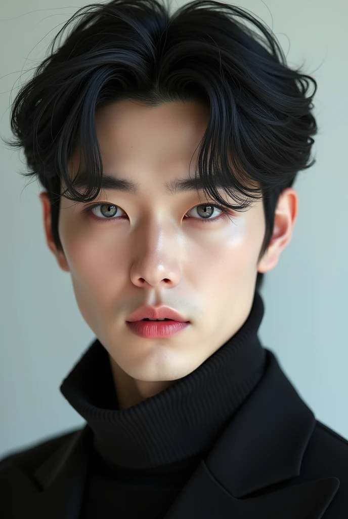 (photorealism:1.2), korean idol man, grey eyes, black hair
