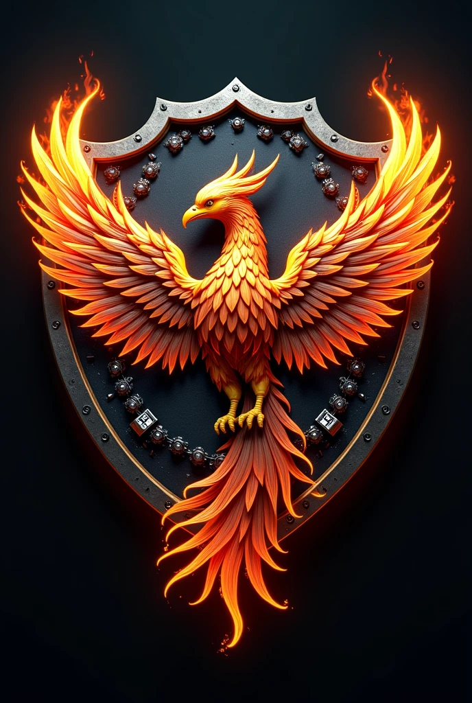 Phoenix logo with pistons and motorcycle chain, enclosed in a shield and fire