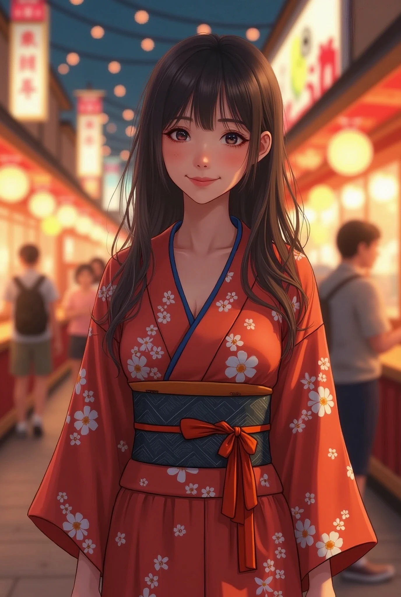 A very cute face like an idol、A 20-year-old woman who looks young、Smiling Kindly、Wearing a yukata、Cleavage、night、Walking through a Japanese festival、Natural light、whole body、High level of artistry