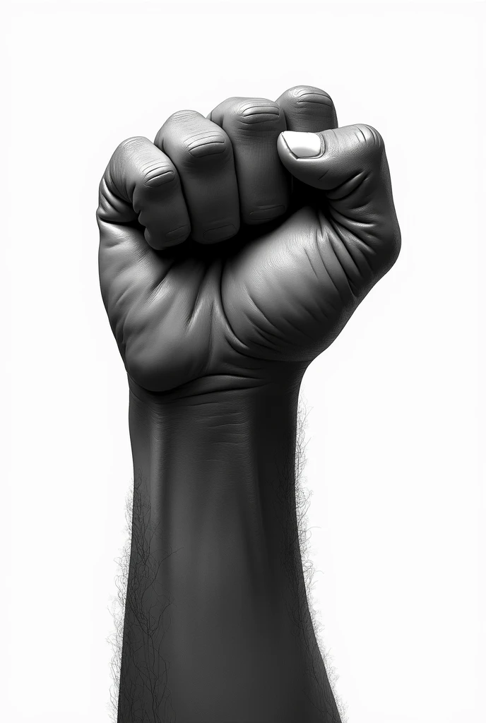 Create an image of a highly detailed, black and white clenched fist raised upward, symbolizing resistance or solidarity. The fist should be the sole focus of the image, with all attention on the details of the knuckles, muscles, and skin texture. The background should be plain and unobtrusive to ensure the fist remains the central point of interest