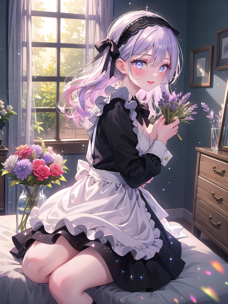 ((8k, Highest quality, masterpiece: 1.3)),Ultra-high resolution,(1 girl, alone), (Color changing eyes, Ultra-detailed, Expressive brilliance, Glitter, Glowing Eyes), Highly detailed eyes, Highly detailed face, Random Hair, ((pastel colour)),A joyful young woman with pastel lavender hair styled into loose curls, sitting at her vanity in her brightly lit bedroom during a late morning. She is dressed in a charming yet subtly sexy French maid cosplay, wearing a classic black and white dress with a frilled apron, and a small lace headband. The camera captures her from a side angle as she smiles while applying lipstick, her expression full of confidence and happiness. The room is filled with natural light, with a few makeup items neatly arranged on the vanity, a small bouquet of flowers, and a soft, elegant atmosphere creating a lively and inviting scene, (nsfw:1.3)