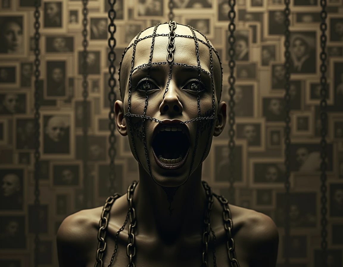 ((Very old photograph in sepia tone only)), Surreal and haunting digital art featuring a female humanoid figure with a bald head and a grid pattern of metal wires and chains covering her face and upper body. The figure's skin is pale in color, and she has hollow black eyes and an open mouth, giving her a frightening expression. The background is a collage of numerous small sepia-toned photographs, each framed and connected by chains, creating a complex and unsettling visual texture. The overall composition is dark and intricate, evoking a sense of confinement and dystopia. supernatural atmosphere of the scene, horrified, deceptive, insane, disturbing, shocking, vintage, old film:1.5), (inspired by Zdzislaw Beksinski and Wayne Barlowe), cgsociety, art deco, 1920s, hyperdetailed, 1920s Hellraiser film, digital illusions, photorealistic, artistic visuals inspired by Fritz Lang. ((motion picture film)), ultra-detailed, chiaroscuro, RAW photo, cinematic, artstation style, concept art, masterpiece, 8k, black and white, realistic textures, 3D rendering