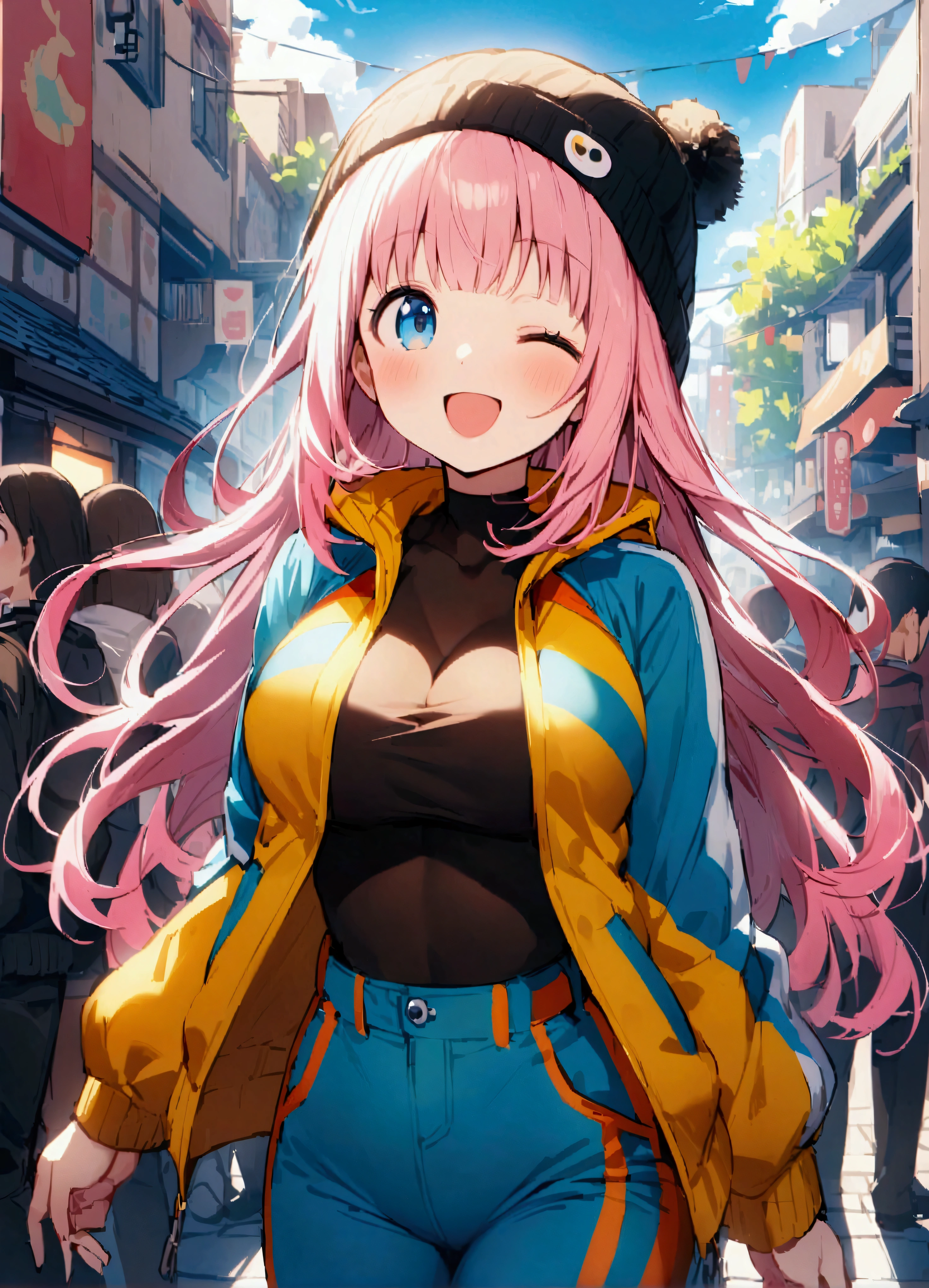 Fujiwara Chika、Long Hair、bangs、blue eyes、ribbon、Pink Hair、ヘアribbon、鈍いbangs、黒いribbon、Large Breasts、、、レターマンJacket、Jacket、、Outdoor、crowd、people々、in、目の上にin、One eye closed、smile、Beanie、pants、Open clothes、はだけたJacket、、Cowboy Shot、solo、Staring at the audience