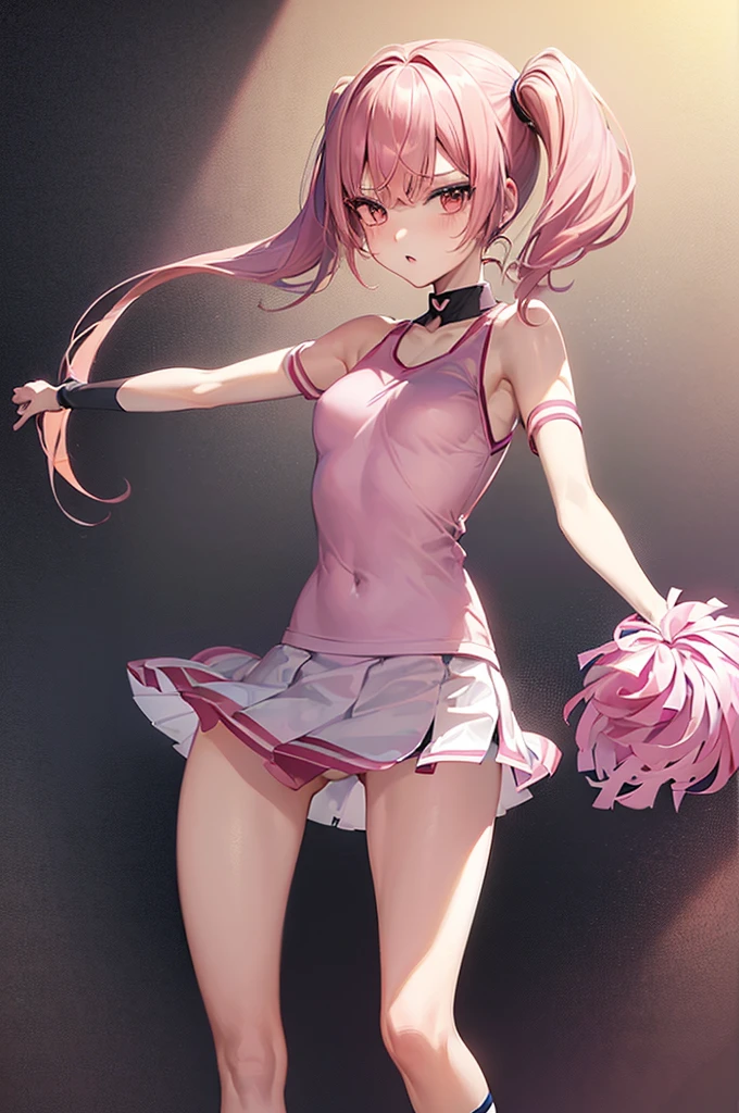 masterpiece, best quality,anime style, 1 girl,(((slender body))), (((small eyes,small breast))),(((cheerleader uniform))), (beautiful face), (((short twintail))), (((straight hair))), ((((pink hair)))),detailed beautiful skin, (perfect hands, perfect anatomy),scream