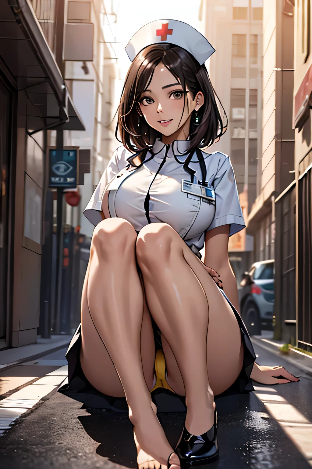 1 female, (40 years old), ((Nurse cap, nurse uniform and mini skirt)), masterpiece, Big Breasts, Sit down and open your legs、Yellow panties、with those feet、Big Hips, (very tanned and shiny skin),  (Skin dents), photoRealistic, Realistic, alone, photoRealistic, Highest quality, Ultra-high resolution, Yura S, Outdoor, colorful, Lips parted, Daytime setting, beautiful, masterpiece, Highest quality, Very detailed顔, Perfect lighting, Ultra-high resolution, Very detailed 