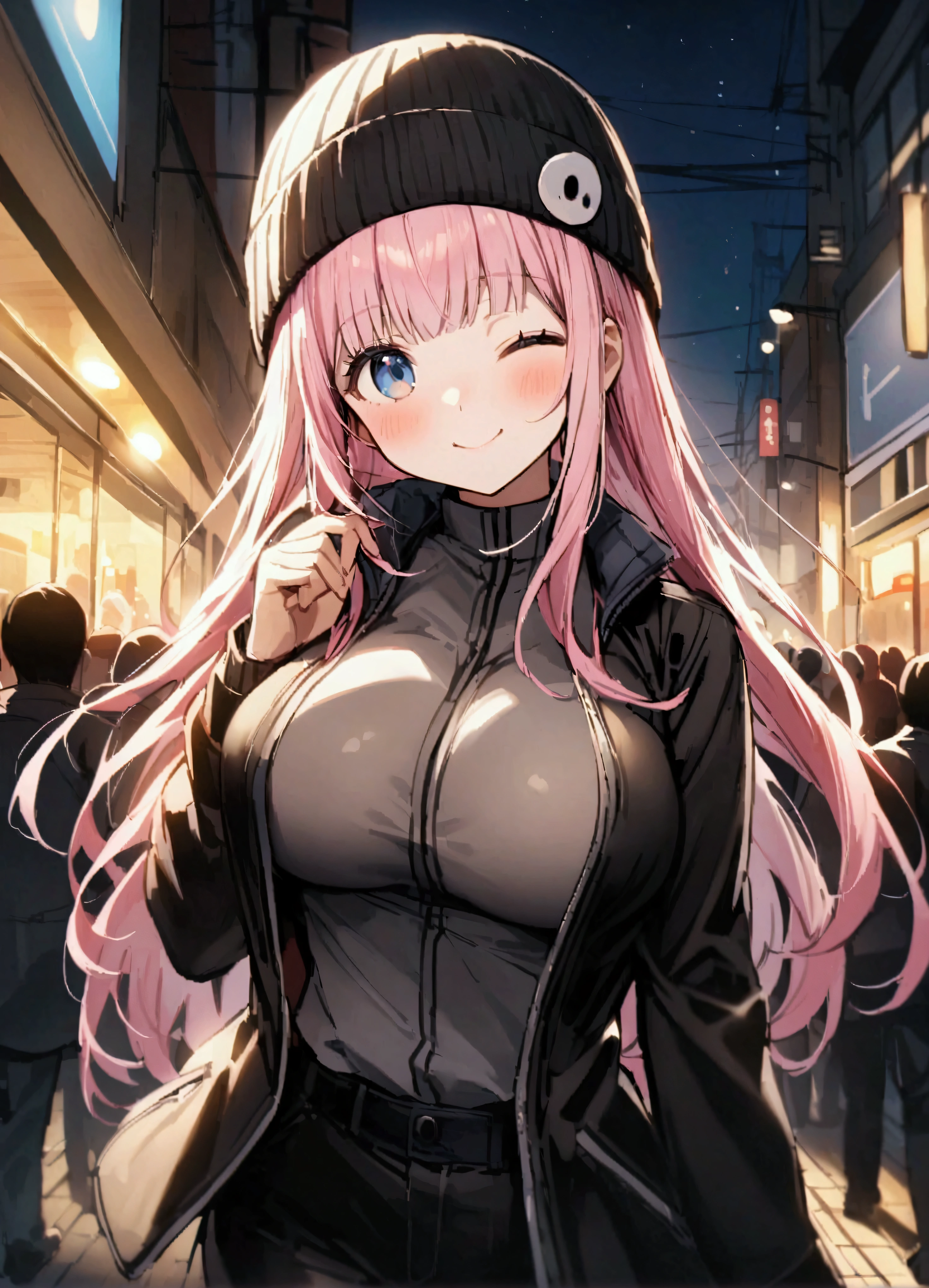 Fujiwara Chika、Long Hair、bangs、blue eyes、ribbon、Pink Hair、ヘアribbon、鈍いbangs、黒いribbon、Large Breasts、、、レターマンJacket、Jacket、、Outdoor、crowd、people々、in、目の上にin、One eye closed、smile、Beanie、pants、Open clothes、はだけたJacket、、Cowboy Shot、solo、Staring at the audience