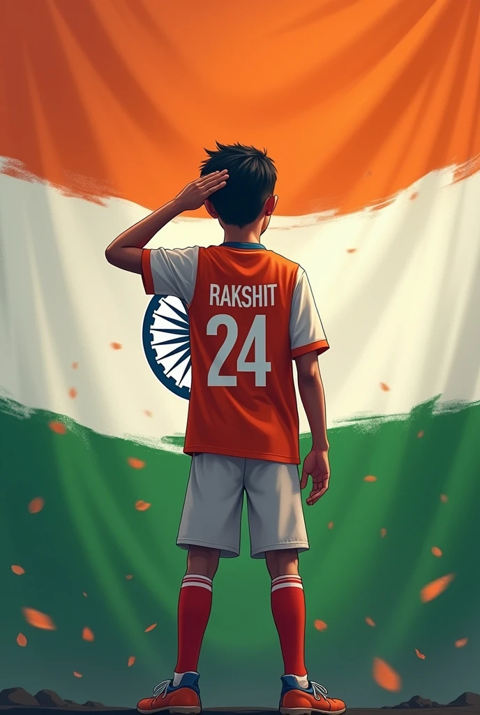 A ager boy standing wearing Indian jersey on which Rakshit written and the jersey number is 24 saluting towards the Indian flag