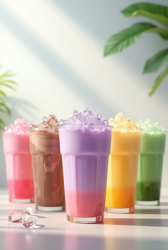 An advertising for Big cup fill with ice and flavours drink.. Each 5 cup of drink contain different colour such as milky pink milky chocolate, milky purple, milky yellow, milky greentea. Topping with crystal clear ice cube. HD, realistic, 8k, fresh, advertising. 5 cup different colour