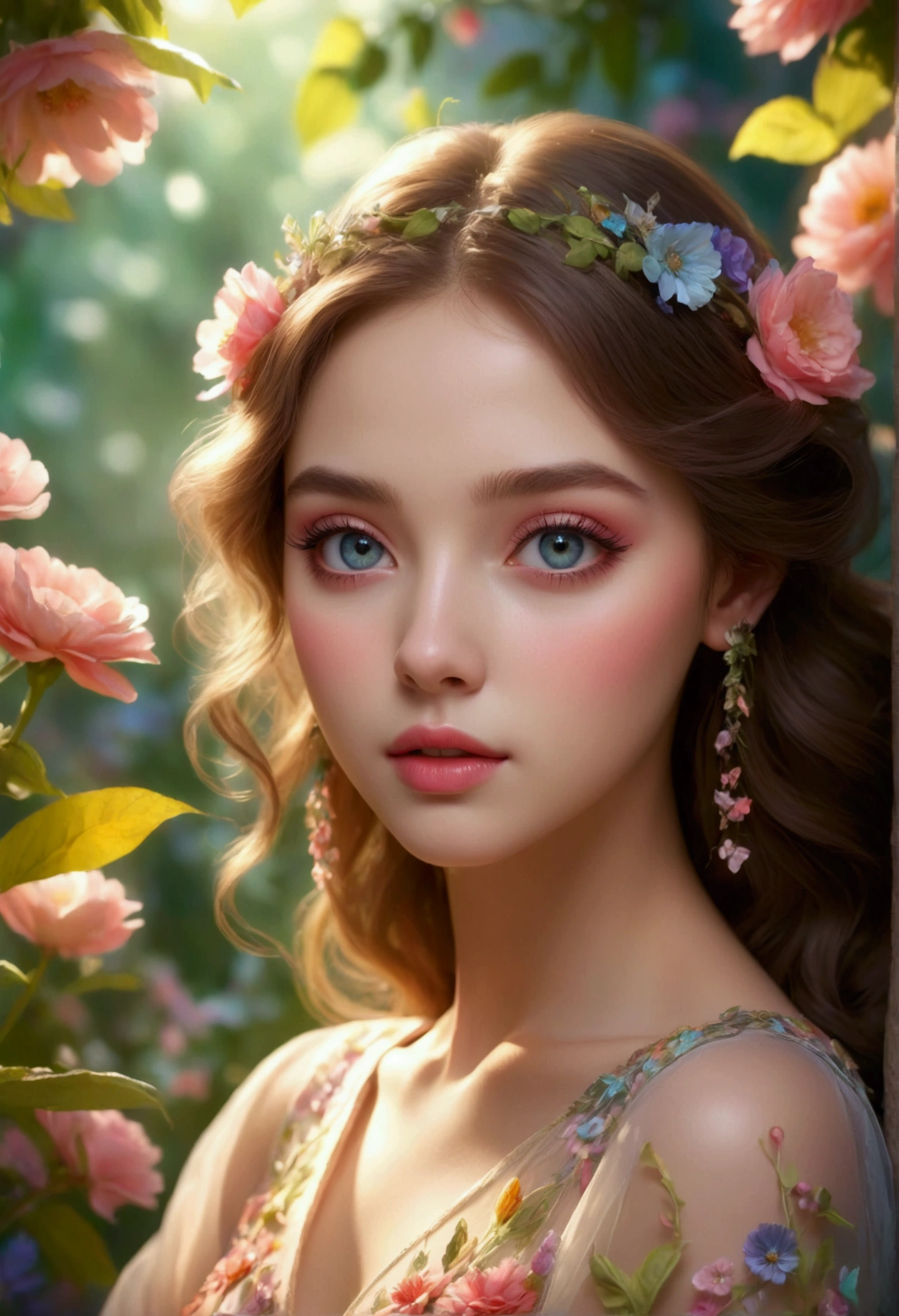 Girl in the garden,Beautiful and delicate eyes,Beautiful and delicate lips,Extremely detailed eyes and face,Long eyelashes,3D Rendering,Extremely detailed,high quality,Practical,portrait,Floral,Soft and dreamy lighting, Vibrant colors, Colorful flowers, floating dress, Beautiful posture, Cheerful expression,Surreal and fantastical atmosphere, Ethereal and magical,color palette,Natural sunlight shines through the trees,Clear details,Romantic,Magic Garden.