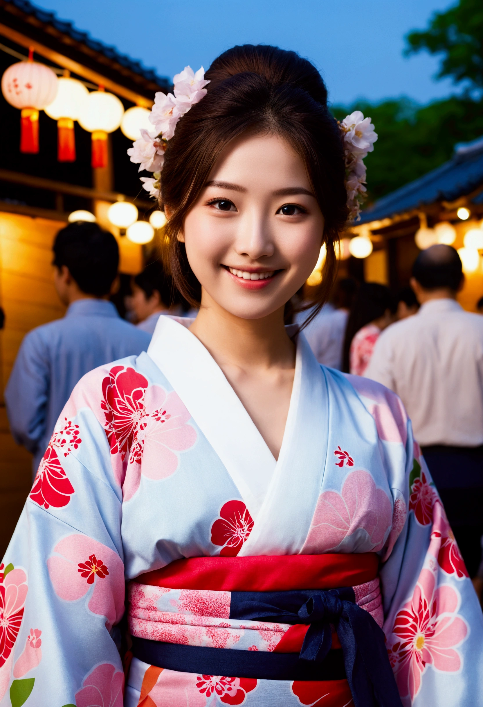 A very cute face like an idol、A 20-year-old woman who looks young、Smiling Kindly、Wearing a yukata、Cleavage、night、Walking through a Japanese festival、Natural light、whole body、High level of artistry