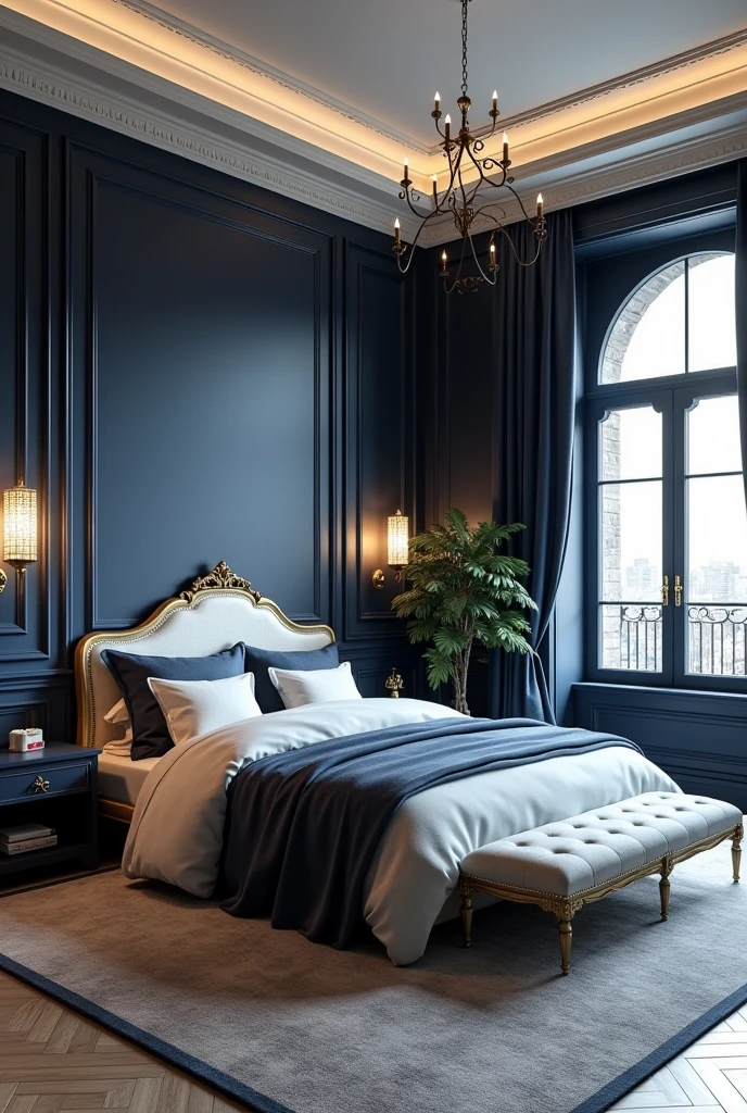 Professional 3d architecture rendering design of modern and Dark blue and white and dark gold French design for bedroom