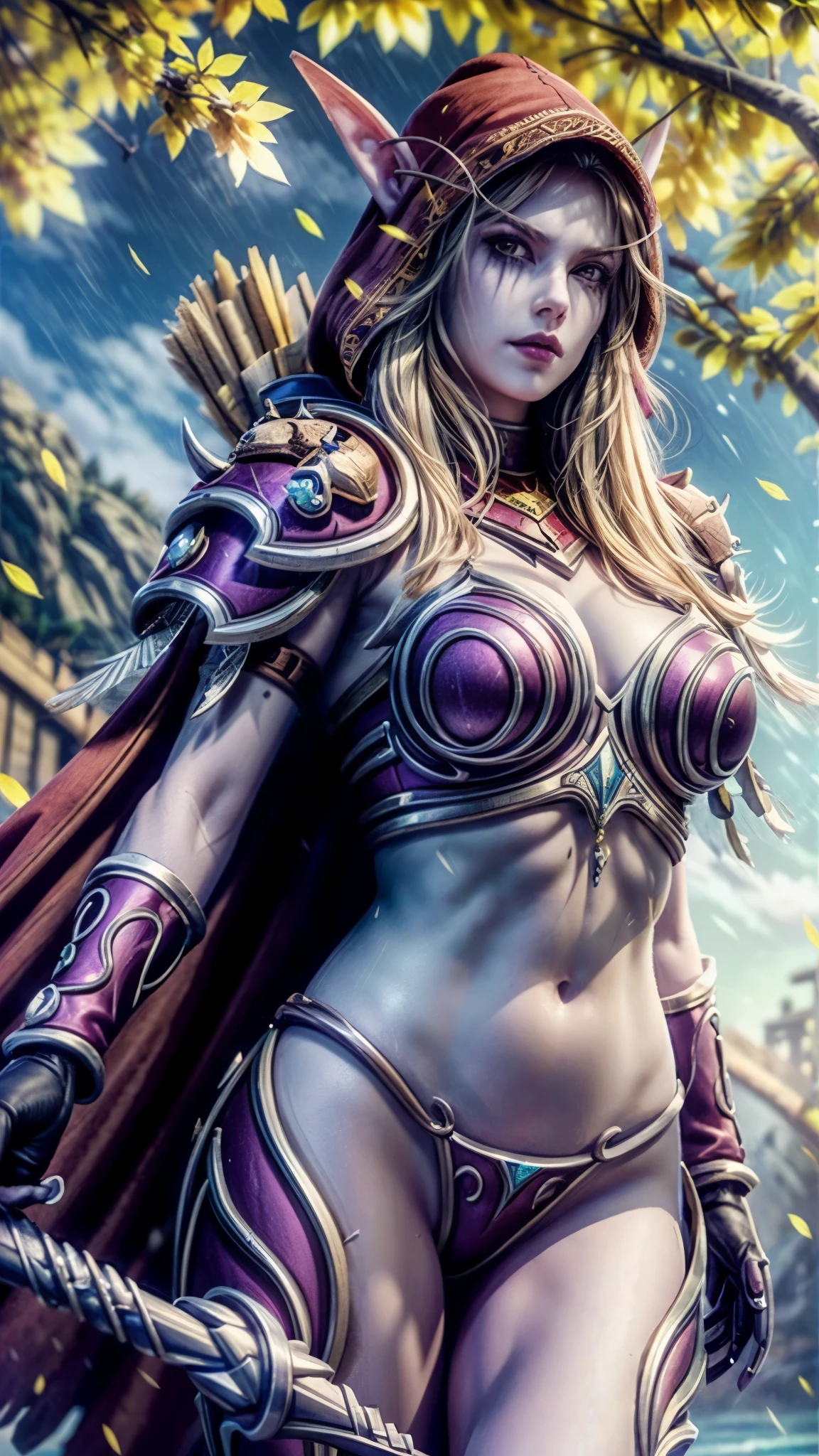 (masterpiece, best quality:1.3)
1girl, solo, long hair, breasts, looking at viewer, blonde hair, large breasts, red eyes, gloves, navel, holding, cleavage, weapon, outdoors, parted lips, midriff, pointy ears, hood, cape, armor, glowing, colored skin, leaf, knife, elf, shoulder armor, cloak, hood up, bow \(weapon\), lantern, blue skin, arrow \(projectile\), bikini armor, undead