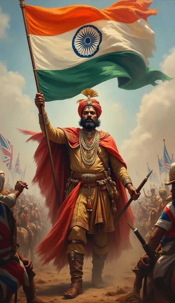 indian king with indian flag killing the britishers
