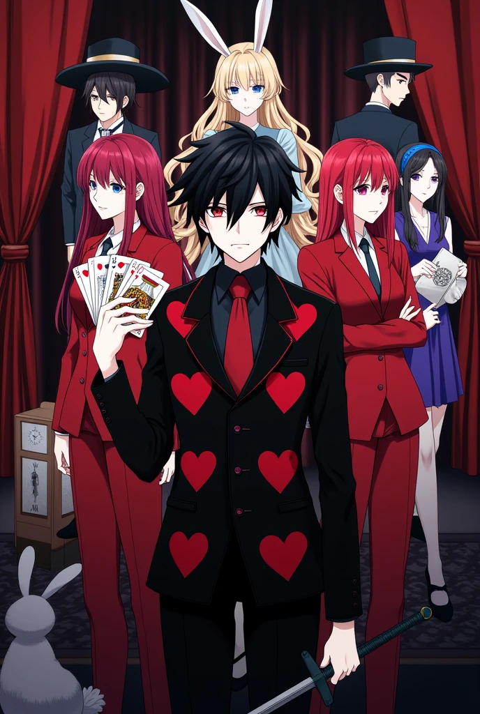 The bad judas of reddish:
A young man with black and red hair,red and black suit and design of black and red hearts ,with a deck of cards in his hand and a sword in the other ,behind her a woman with red hair and a red suit with a design of black hearts,On one side a white rabbit with a clock,on the other side a girl with black hair and blue eyes and a violet dress, a blonde girl with a blue dress and a blue hair band and behind it all a man in a suit with a big hat