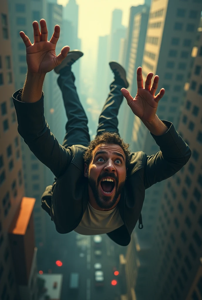 A man falling from a high place, detailed hands reaching up, dramatic action, realistic lighting, cinematic atmosphere, beautiful vibrant colors, hyperrealistic, photorealistic, 8K, best quality, masterpiece. Legs up . Fear face