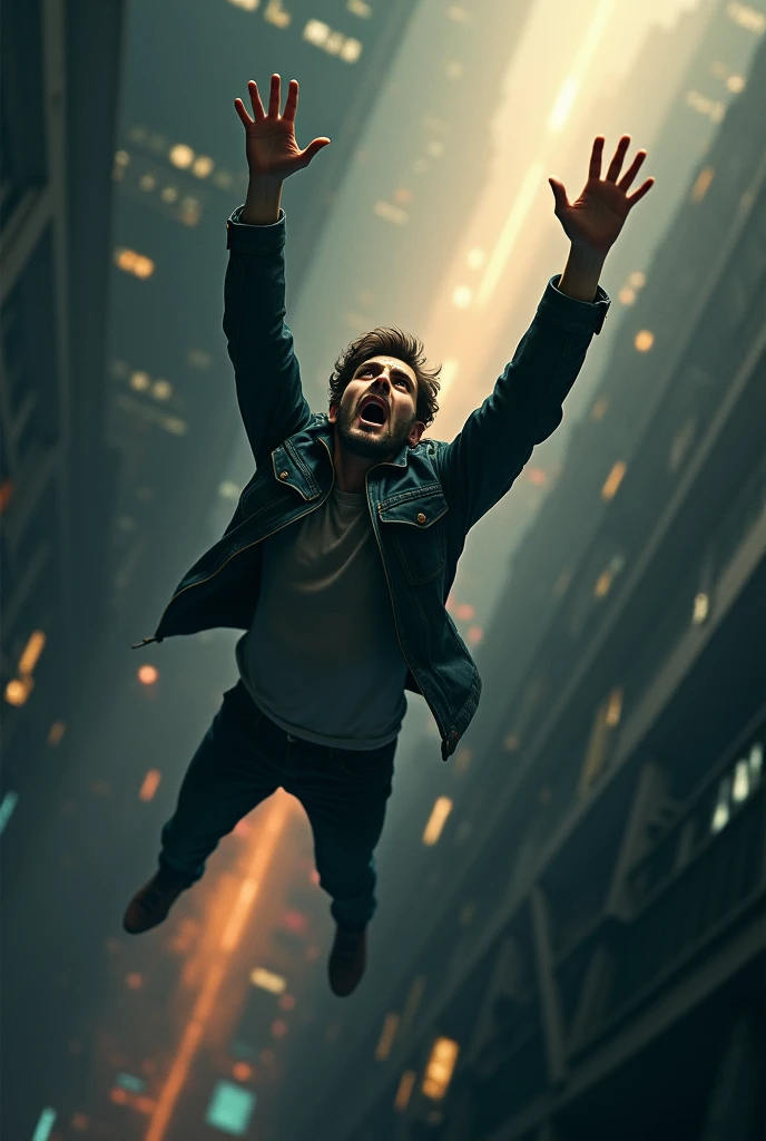 A man falling from a high place, detailed hands reaching up, dramatic action, realistic lighting, cinematic atmosphere, beautiful vibrant colors, hyperrealistic, photorealistic, 8K, best quality, masterpiece. Legs up . Fear face