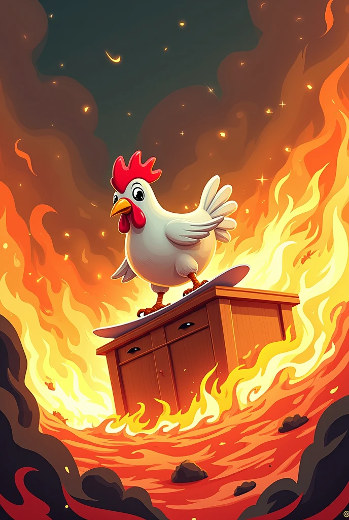 A chicken surfing on a kitchen counter in a sea of fire, 2D mode