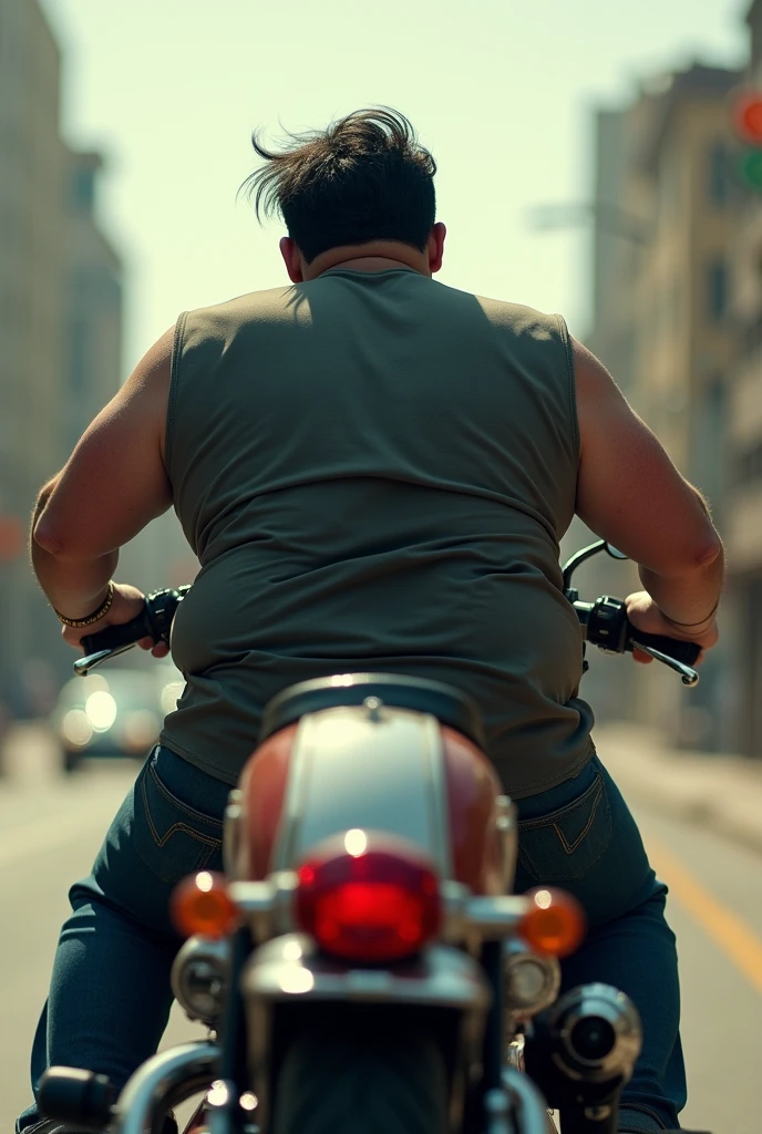 Create an image of a fat man with short Peruvian hair and a thick neck riding a Harley Davidson where only the back of his head and the motorcycle are visible. The angle of the photo should be from behind.