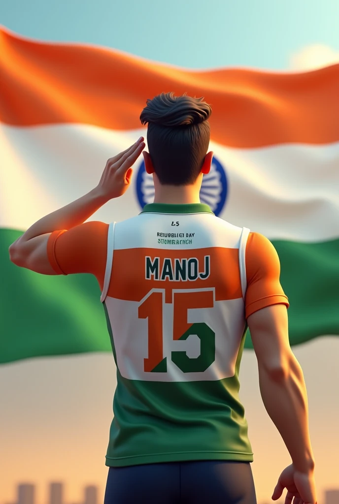 A 25 years old man salutes the national flag of Bharat and he is wearing a shirt print is like Bharat flag and ” MANOJ ” and 15 number and republic day in small written on it’s back in big and bold fonts, 3d illustration.he body look athletic