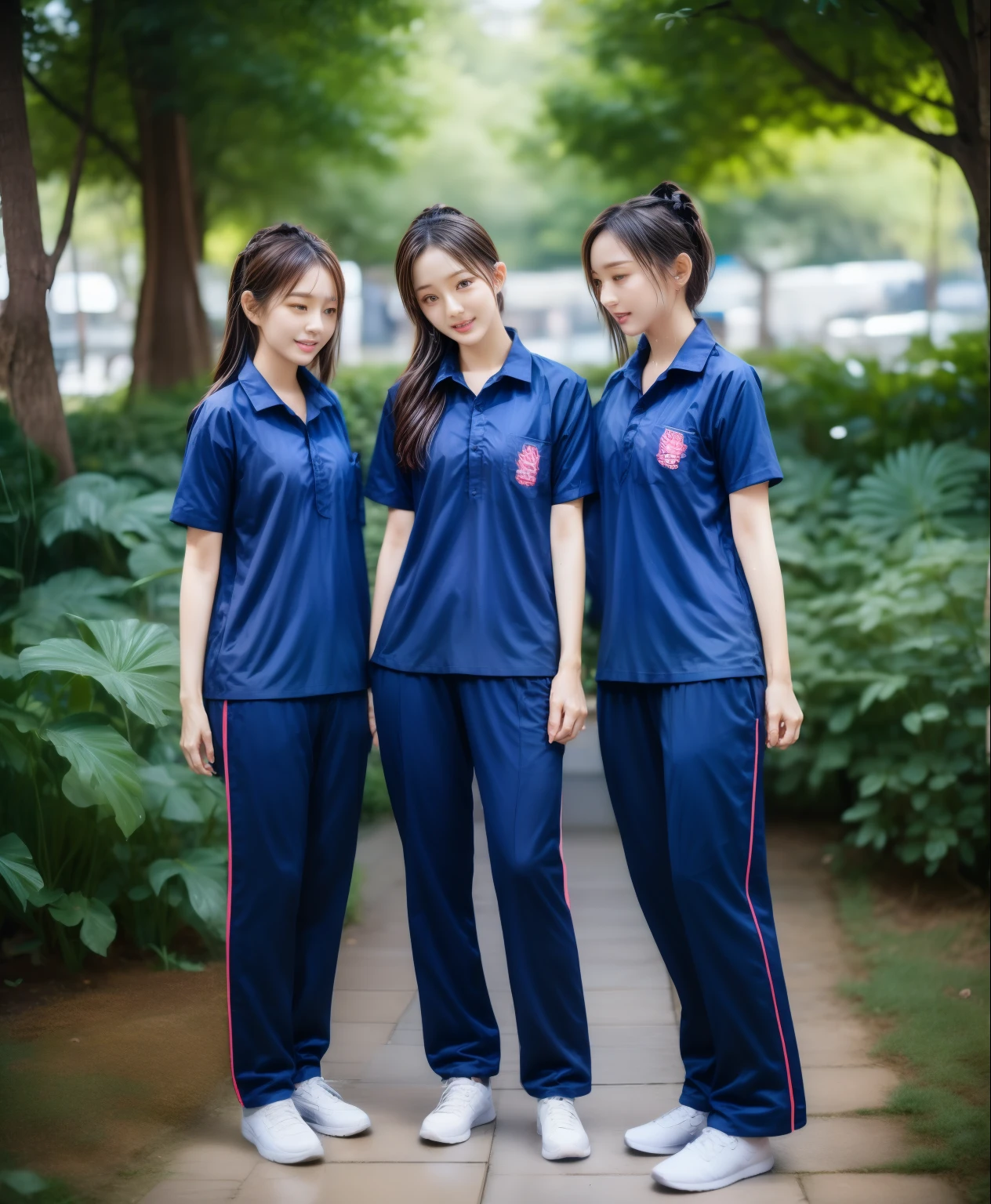 3 girls lie about in the garden , Navy blue short-sleeved shirt,Navy Long Trackpant,Sweatpants, Sweatpantsขายาว,25 year old girl, lesbian, sexy, exercise clothes, wet body, exercise clothes