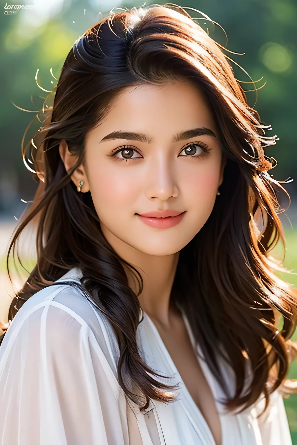 A stunning  Indian girl, 18 years old, poses waist-up in an ultra-realistic digital art piece by Razumov and Volegov. She gazes off-camera with a soft, natural light illuminating her rosy cheeks and v-shaped face. Her smooth skin is adorned with long, ginger hair styled in a bang, framing her detailed features. The focus is on her fantastic face, showcasing her bright smile and sparkling eyes. The background is a subtle watercolor blend, reminiscent of Cameron Gray's art style. The image is rendered at 8k resolution, blending the boundaries between digital and traditional mediums.