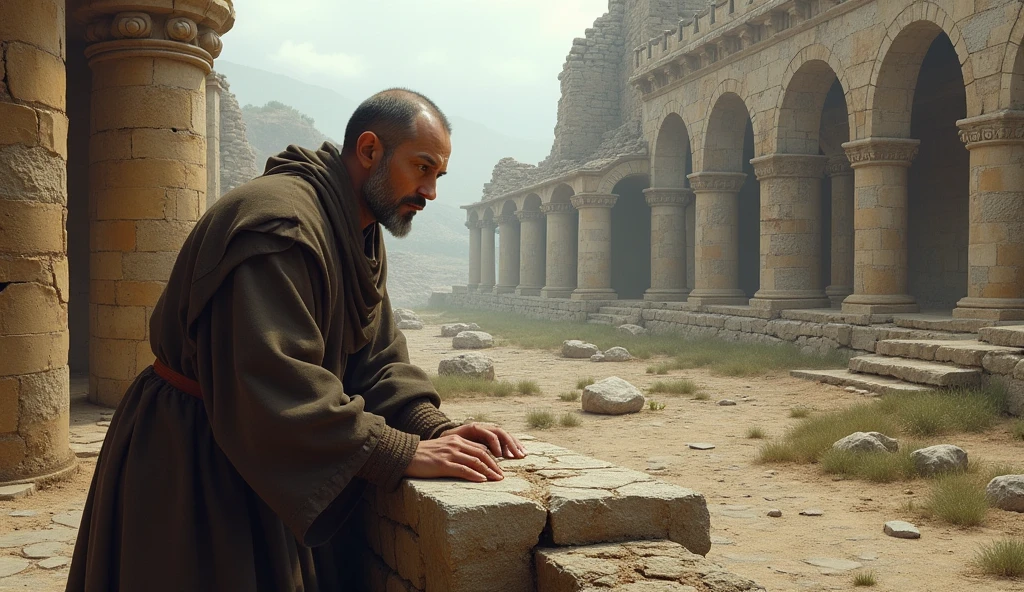 In 1500BC a monk watching old buildings he is setting upon a stone