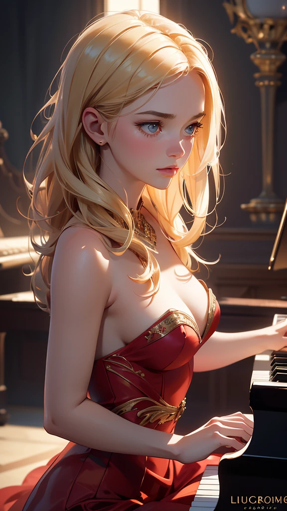 hyper realistic image of the highest quality, the perfect masterpiece, perfect work of art, 8k, a beautiful young woman in a red dress, dress with a low neckline, blonde hair, upturned nose, is playing the piano on a bright stage, realistic oil painting, detailed face, detailed hands, chiaroscuro lighting, dramatic lighting, warm color tones, muted colors, elegant, cinematic, intricate details, photorealistic, 8k, high resolution, best quality, masterpiece, annie leibovitz style photography, ilya kuvshinov style, soft light, studio light, (intricate details), majestic, aesthetic