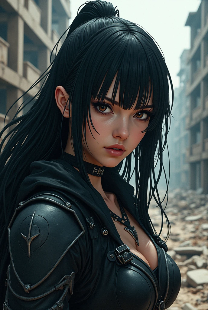 Size 1242x2688 pixels，Anime & Western Comics Series，3D Model。A female warrior with long black straight hair，Determined gaze looking at the camera，Symbolizing victory，A scene of ruins in the background，Original style，Cinematic Lighting。Cyberpunk light，close-up view，Ultra High Definition 4k8k，webp