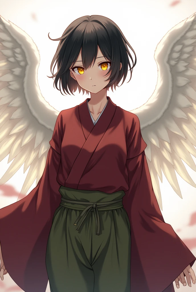 Anime Japanese person wearing a kimono with yellow eyes, black hair, translucent white wings behind them, a maroon outfit, olive green hakama pants, flat chest, short hair with a center parting, cross-dressing.
