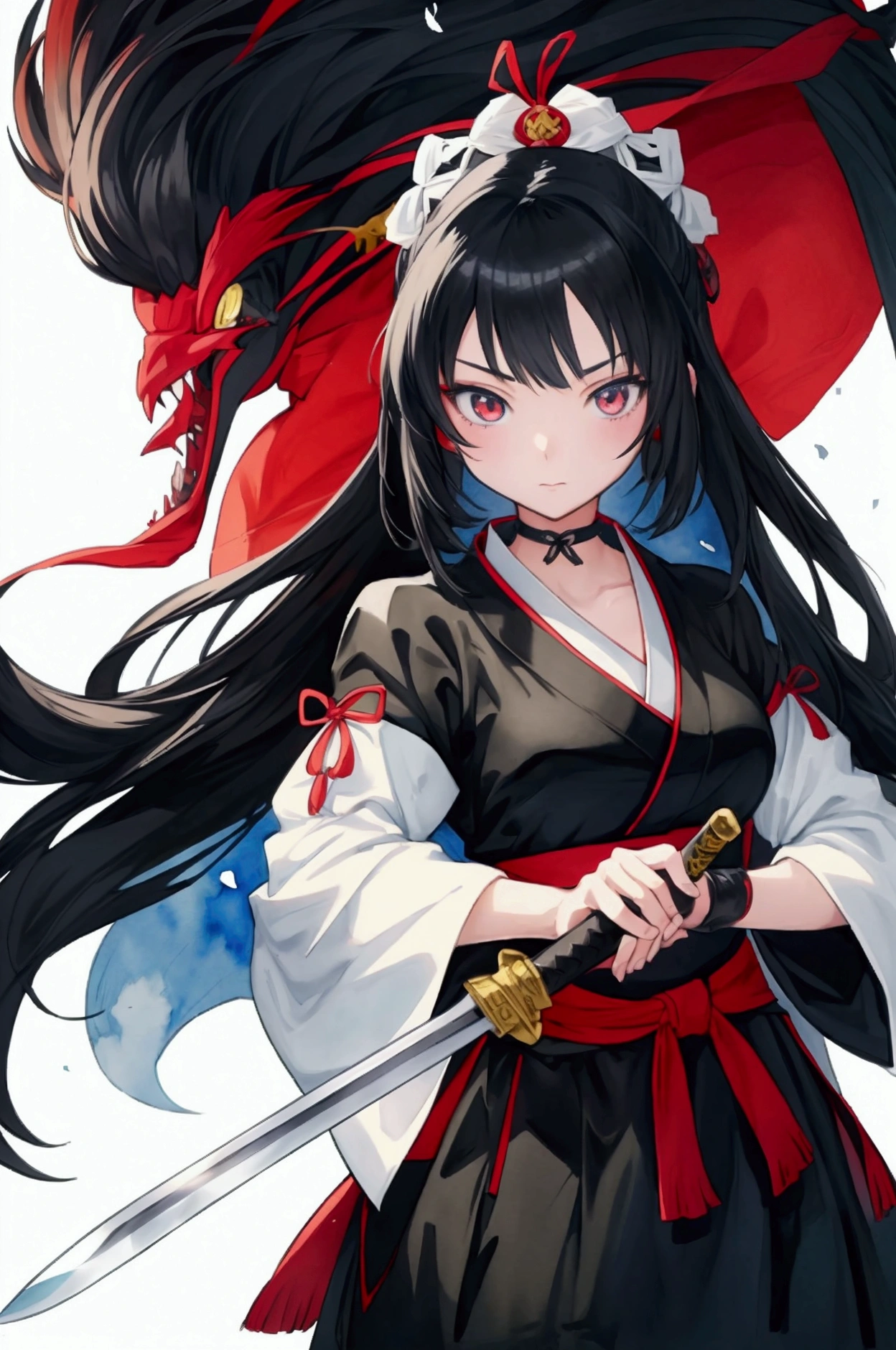 Long black haired anime character holding a sword, Anime drawings inspired by Nishikawa Sukenobu, pixiv Contest Winner, What it is?, she is holding a knife sword, kunoichi, 薙knifeを持ったキツネの野武士, Maid, :14 80s anime style, knife, Female Anime Characters Watercolor style Japanese style Black and White