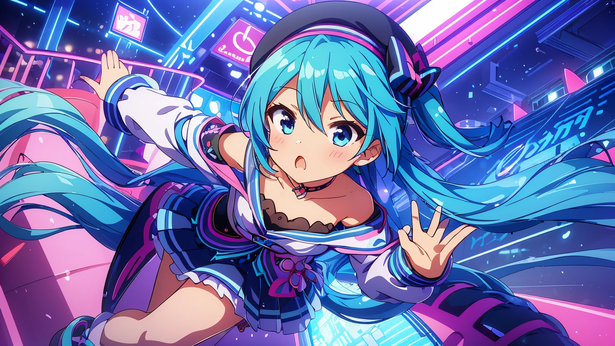 One girl only girl masterpiece、Superior image quality、超High resolution、Miku Hatsune、blue hairs、two-tailed、blush、mock、Open your mouth a little、casual clothes、casual miniskirt、Wearing a small beret、japanese amusement park