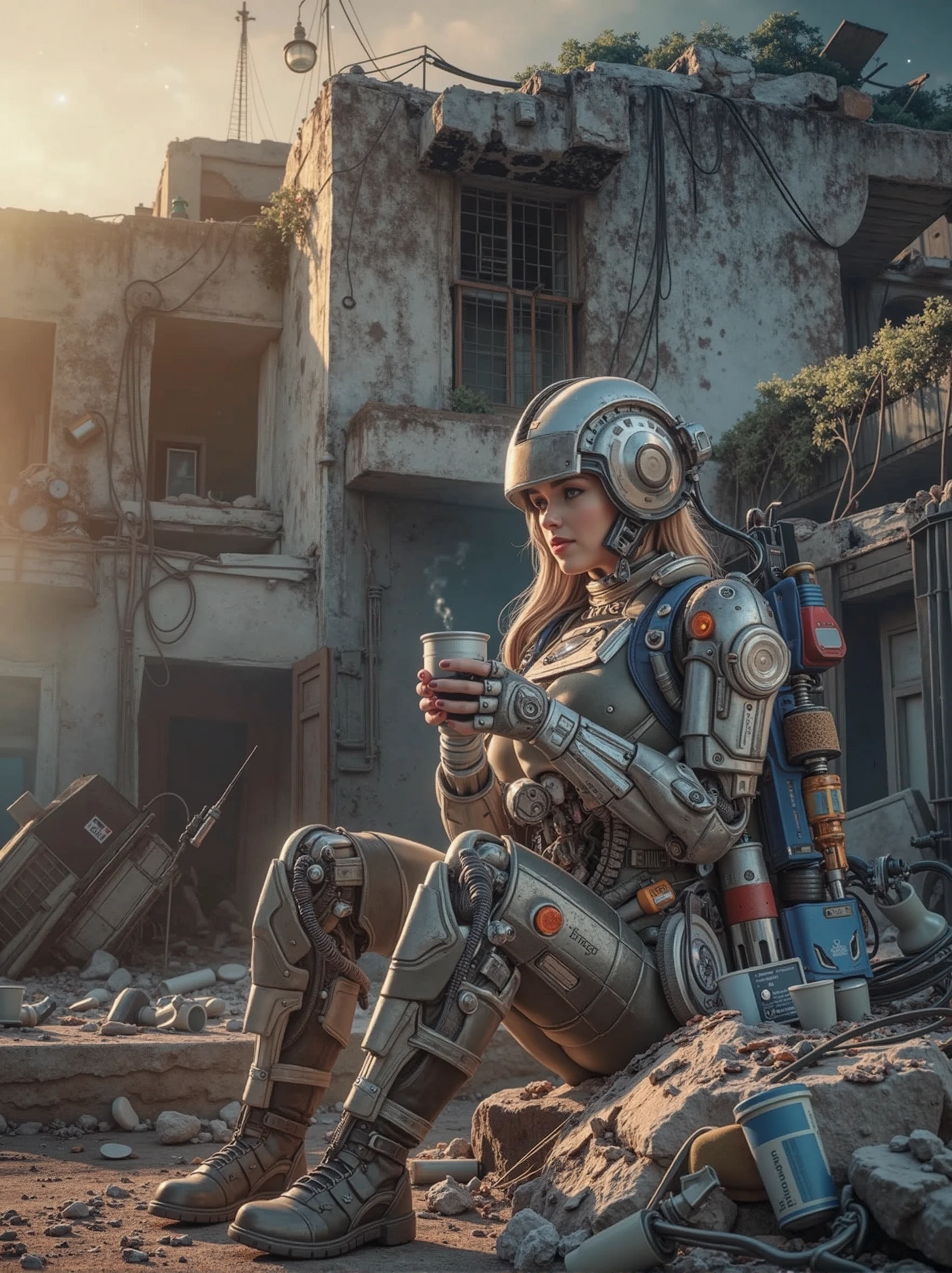 A cinematic photo shoot of gorgeous female military soldier cyborg, sits on a building ruins, a tin can of hot steamy coffee, machine gun and back pack on the ground, bright night starry sky, milky way trail, volumetric night light, insanely detailed and intricate, octane render, unreal engine, hyper realistic photo, high definition, 32 K, Nat Geo photography style