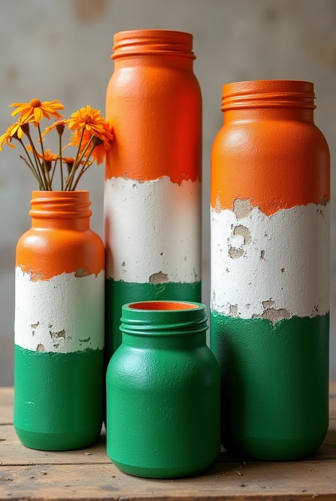 Concrete handmade jars arranged like Indian flag tri color for Independence Day with all the jars haphazardly arranged like Indian flag tri color