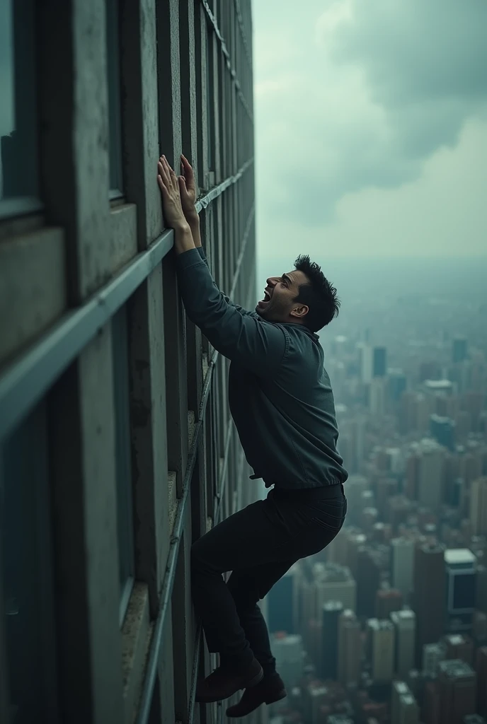 a man clinging to a building, disaster, fear, terror, impending doom, perilous situation, dramatic, intense, gripping, cinematic, (best quality,4k,8k,highres,masterpiece:1.2),ultra-detailed,(realistic,photorealistic,photo-realistic:1.37),dramatic lighting, chiaroscuro, moody, tense atmosphere, dark colors, muted tones, emotional, suspenseful